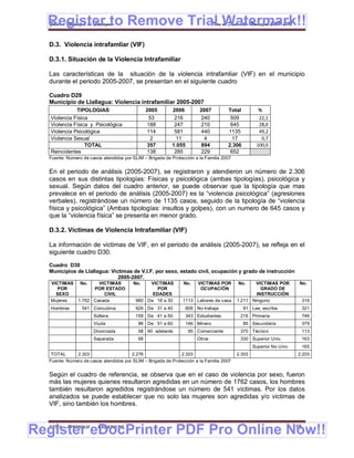 Register to Remove Trial Watermark!!
  Gobierno Municipal de Llallagua Plan de Desarrollo Municipal 2008-2012


  D.3. Violencia intrafamliar (VIF)

  D.3.1. Situación de la Violencia Intrafamiliar

  Las características de la situación de la violencia intrafamliar (VIF) en el municipio
  durante el periodo 2005-2007, se presentan en el siguiente cuadro

  Cuadro D29
  Municipio de Llallagua: Violencia intrafamiliar 2005-2007
              TIPOLOGIAS                        2005      2006         2007         Total          %
   Violencia Física                              53        216         240           509           22,1
   Violencia Física y Psicológica               188        247         210           645           28,0
   Violencia Psicológica                        114        581         440          1135           49,2
   Violencia Sexual                               2         11          4             17            0,7
                  TOTAL                         357       1.055        894          2.306         100,0
   Reincidentes                                 138        285         229           652
  Fuente: Número de casos atendidos por SLIM – Brigada de Protección a la Familia 2007


  En el periodo de análisis (2005-2007), se registraron y atendieron un número de 2.306
  casos en sus distintas tipologías: Físicas y psicológica (ambas tipologías), psicológica y
  sexual. Según datos del cuadro anterior, se puede observar que la tipología que mas
  prevalece en el periodo de análisis (2005-2007) es la “violencia psicológica” (agresiones
  verbales), registrándose un número de 1135 casos, seguido de la tipología de “violencia
  física y psicológica” (Ambas tipologías: insultos y golpes), con un numero de 645 casos y
  que la “violencia física” se presenta en menor grado.

  D.3.2. Víctimas de Violencia Intrafamiliar (VIF)

  La información de victimas de VIF, en el periodo de análisis (2005-2007), se refleja en el
  siguiente cuadro D30.
  Cuadro D30
  Municipios de Llallagua: Victimas de V.I.F. por sexo, estado civil, ocupación y grado de instrucción
                              2005-2007.
   VICTIMAS     No.    VICTIMAS         No.   VICTIMAS          No.   VICTIMAS POR       No.    VICTIMAS POR           No.
      POR            POR ESTADO                  POR                   OCUPACIÓN                   GRADO DE
     SEXO                CIVIL                 EDADES                                            INSTRUCCIÓN
   Mujeres     1.762 Casada              980 De 18 a 30        1113 Labores de casa      1.211 Ninguno                 316
   Hombres       541 Concubina           926 De 31 a 40         606 No trabaja              91 Lee, escribe            321
                       Soltera           158 De 41 a 50         343 Estudiantes           216 Primaria                 746
                       Viuda               86 De 51 a 60        146 Minero                  85 Secundaria              379
                       Divorciada          58 60 adelante         95 Comerciante          370 Técnico                  113
                       Separada            68                         Otros               330 Superior Univ.           163
                                                                                                 Superior No Univ.     165
   TOTAL      2.303                    2.276                  2.303                      2.303                        2.203
  Fuente: Número de casos atendidos por SLIM – Brigada de Protección a la Familia 2007


  Según el cuadro de referencia, se observa que en el caso de violencia por sexo, fueron
  más las mujeres quienes resultaron agredidas en un número de 1762 casos, los hombres
  también resultaron agredidos registrándose un número de 541 víctimas. Por los datos
  analizados se puede establecer que no solo las mujeres son agredidas y/o victimas de
  VIF, sino también los hombres.



Register eDocPrinter PDF Pro Online Now!!
  ETMA - APEMIN II -    PADEP/GTZ                                                                                    105
 