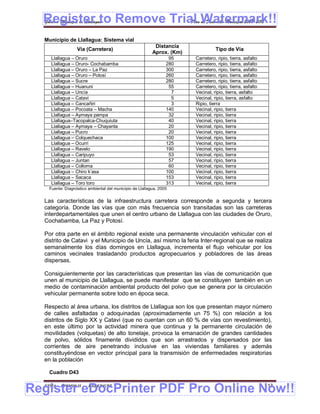 Register to Remove Trial Watermark!!
  Gobierno Municipal de Llallagua Plan de Desarrollo Municipal 2008-2012


  Municipio de Llallagua: Sistema vial
                                                           Distancia
                  Vía (Carretera)                                                 Tipo de Vía
                                                          Aprox. (Km)
     Llallagua – Oruro                                            95    Carretero, ripio, tierra, asfalto
     Llallagua – Oruro- Cochabamba                               280    Carretero, ripio, tierra, asfalto
     Llallagua – Oruro – La Paz                                  300    Carretero, ripio, tierra, asfalto
     Llallagua – Oruro – Potosí                                  260    Carretero, ripio, tierra, asfalto
     Llallagua – Sucre                                           280    Carretero, ripio, tierra, asfalto
     Llallagua – Huanuni                                          55    Carretero, ripio, tierra, asfalto
     Llallagua – Uncía                                             7    Vecinal, ripio, tierra, asfalto
     Llallagua – Catavi                                            5    Vecinal, ripio, tierra, asfalto
     Llallagua – Cancañiri                                         3    Ripio, tierra
     Llallagua – Pocoata – Macha                                 140    Vecinal, ripio, tierra
     Llallagua – Aymaya pampa                                     32    Vecinal, ripio, tierra
     Llallagua–Tacopalca-Chuquiuta                                40    Vecinal, ripio, tierra
     Llallagua – Aymaya – Chayanta                                20    Vecinal, ripio, tierra
     Llallagua – Pucro                                            20    Vecinal, ripio, tierra
     Llallagua – Colquechaca                                     100    Vecinal, ripio, tierra
     Llallagua – Ocurrí                                          125    Vecinal, ripio, tierra
     Llallagua – Ravelo                                          190    Vecinal, ripio, tierra
     Llallagua – Caripuyo                                         53    Vecinal, ripio, tierra
     Llallagua – Juntan                                           57    Vecinal, ripio, tierra
     Llallagua – Colloma                                          60    Vecinal, ripio, tierra
     Llallagua – Chiro k’asa                                     100    Vecinal, ripio, tierra
     Llallagua – Sacaca                                          153    Vecinal, ripio, tierra
     Llallagua – Toro toro                                       313    Vecinal, ripio, tierra
    Fuente: Diagnóstico ambiental del municipio de Llallagua, 2005


  Las características de la infraestructura carretera corresponde a segunda y tercera
  categoría. Donde las vías que con más frecuencia son transitadas son las carreteras
  interdepartamentales que unen el centro urbano de Llallagua con las ciudades de Oruro,
  Cochabamba, La Paz y Potosí.

  Por otra parte en el ámbito regional existe una permanente vinculación vehicular con el
  distrito de Catavi y el Municipio de Uncía, así mismo la feria Inter-regional que se realiza
  semanalmente los días domingos en Llallagua, incrementa el flujo vehicular por los
  caminos vecinales trasladando productos agropecuarios y pobladores de las áreas
  dispersas.

  Consiguientemente por las características que presentan las vías de comunicación que
  unen al municipio de Llallagua, se puede manifestar que se constituyen también en un
  medio de contaminación ambiental producto del polvo que se genera por la circulación
  vehicular permanente sobre todo en época seca.

  Respecto al área urbana, los distritos de Llallagua son los que presentan mayor número
  de calles asfaltadas o adoquinadas (aproximadamente un 75 %) con relación a los
  distritos de Siglo XX y Catavi (que no cuentan con un 60 % de vías con revestimiento),
  en este último por la actividad minera que continua y la permanente circulación de
  movilidades (volquetas) de alto tonelaje, provoca la emanación de grandes cantidades
  de polvo, sólidos finamente divididos que son arrastrados y dispersados por las
  corrientes de aire penetrando inclusive en las viviendas familiares y además
  constituyéndose en vector principal para la transmisión de enfermedades respiratorias
  en la población

    Cuadro D43


Register eDocPrinter PDF Pro Online Now!!
  ETMA - APEMIN II -    PADEP/GTZ                                                                           113
 