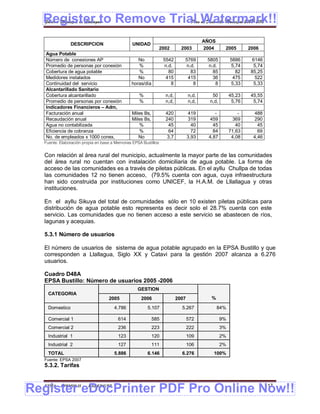 Register to Remove Trial Watermark!!
  Gobierno Municipal de Llallagua Plan de Desarrollo Municipal 2008-2012


                                                                                        AÑOS
               DESCRIPCION                      UNIDAD
                                                                 2002       2003        2004      2005        2006
   Agua Potable
   Número de conexiones AP                        No              5542       5769        5805         5886      6146
   Promedio de personas por conexión              %               n.d.       n.d.        n.d.         5,74      5,74
   de AP
   Cobertura de agua potable                      %                 80         83          85           82     85,25
   Medidores instalados                           No               415        415          36          475       522
   Continuidad del servicio                    horas/día             8          8           8         5,33      5,33
   Alcantarillado Sanitario
   Cobertura alcantarillado                        %               n,d,          n,d,      50         45,23    45,55
   Promedio de personas por conexión               %               n,d,          n,d,     n,d,         5,76     5,74
   Indicadores Financieros – Adm,
   de AC
   Facturación anual                           Miles Bs,           420           419         -            -     488
   Recaudación anual                           Miles Bs,           240           319      459          369      290
   Agua no contabilizada                           %                45             40       45           40       45
   Eficiencia de cobranza                          %                64             72       84        71,63       69
   No. de empleados x 1000 conex,                 No                3,7          3,93     4,87         4,08     4,46
  Fuente: Elaboración propia en base a Memorias EPSA Bustillos


  Con relación al área rural del municipio, actualmente la mayor parte de las comunidades
  del área rural no cuentan con instalación domiciliaria de agua potable. La forma de
  acceso de las comunidades es a través de piletas públicas. En el ayllu Chullpa de todas
  las comunidades 12 no tienen acceso, (79.5% cuenta con agua, cuya infraestructura
  han sido construida por instituciones como UNICEF, la H.A.M. de Lllallagua y otras
  instituciones.

  En el ayllu Sikuya del total de comunidades sólo en 10 existen piletas públicas para
  distribución de agua potable esto representa es decir solo el 28.7% cuenta con este
  servicio. Las comunidades que no tienen acceso a este servicio se abastecen de ríos,
  lagunas y acequias.

  5.3.1 Número de usuarios

  El número de usuarios de sistema de agua potable agrupado en la EPSA Bustillo y que
  corresponden a Llallagua, Siglo XX y Catavi para la gestión 2007 alcanza a 6.276
  usuarios.

  Cuadro D48A
  EPSA Bustillo: Número de usuarios 2005 -2006
                                                  GESTION
   CATEGORIA
                                   2005             2006                  2007             %

   Domestico                          4.786             5.107               5.267              84%

   Comercial 1                          614                585                   572             9%
   Comercial 2                          236                223                   222             3%
   Industrial 1                         123                120                   109             2%
   Industrial 2                         127                111                   106             2%
   TOTAL                              5.886             6.146               6.276           100%
  Fuente: EPSA 2007
  5.3.2. Tarifas



Register eDocPrinter PDF Pro Online Now!!
  ETMA - APEMIN II -     PADEP/GTZ                                                                                     117
 