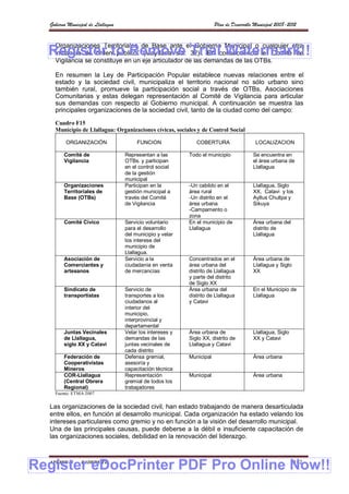 Gobierno Municipal de Llallagua                                       Plan de Desarrollo Municipal 2008-2012


    Organizaciones Territoriales de Base ante el Gobierno Municipal o cualquier otra
  Register to Remove Trialconsecuencia el Comité de
   instancia de orden público” (Maydana s/a: 32).. En Watermark!!
    Vigilancia se constituye en un eje articulador de las demandas de las OTBs.

    En resumen la Ley de Participación Popular establece nuevas relaciones entre el
    estado y la sociedad civil, municipaliza el territorio nacional no sólo urbano sino
    también rural, promueve la participación social a través de OTBs, Asociaciones
    Comunitarias y estas delegan representación al Comité de Vigilancia para articular
    sus demandas con respecto al Gobierno municipal. A continuación se muestra las
    principales organizaciones de la sociedad civil, tanto de la ciudad como del campo:
    Cuadro F15
    Municipio de Llallagua: Organizaciones cívicas, sociales y de Control Social

         ORGANIZACIÓN                    FUNCION               COBERTURA                   LOCALIZACION

        Comité de                   Representan a las       Todo el municipio             Se encuentra en
        Vigilancia                  OTBs. y participan                                    el área urbana de
                                    en el control social                                  Llallagua
                                    de la gestión
                                    municipal
        Organizaciones              Participan en la        -Un cabildo en el             Llallagua, Siglo
        Territoriales de            gestión municipal a     área rural                    XX, Catavi y los
        Base (OTBs)                 través del Comité       -Un distrito en el            Ayllus Chullpa y
                                    de Vigilancia           área urbana                   Sikuya
                                                            -Campamento o
                                                            zona
        Comité Cívico               Servicio voluntario     En el municipio de            Área urbana del
                                    para el desarrollo      Llallagua                     distrito de
                                    del municipio y velar                                 Llallagua
                                    los interese del
                                    municipio de
                                    Llallagua.
        Asociación de               Servicio a la           Concentrados en el            Área urbana de
        Comerciantes y              ciudadanía en venta     área urbana del               Llallagua y Siglo
        artesanos                   de mercancías           distrito de Llallagua         XX
                                                            y parte del distrito
                                                            de Siglo XX
        Sindicato de                Servicio de             Área urbana del               En el Municipio de
        transportistas              transportes a los       distrito de Llallagua         Llallagua
                                    ciudadanos al           y Catavi
                                    interior del
                                    municipio,
                                    interprovincial y
                                    departamental
        Juntas Vecinales            Velar los intereses y   Área urbana de                Llallagua, Siglo
        de Llallagua,               demandas de las         Siglo XX, distrito de         XX y Catavi
        siglo XX y Catavi           juntas vecinales de     Llallagua y Catavi
                                    cada distrito
        Federación de               Defensa gremial,        Municipal                     Área urbana
        Cooperativistas             asesoría y
        Mineros                     capacitación técnica
        COR-Llallagua               Representación          Municipal                     Área urbana
        (Central Obrera             gremial de todos los
        Regional)                   trabajadores
    Fuente: ETMA 2007

  Las organizaciones de la sociedad civil, han estado trabajando de manera desarticulada
  entre ellos, en función al desarrollo municipal. Cada organización ha estado velando los
  intereses particulares como gremio y no en función a la visión del desarrollo municipal.
  Una de las principales causas, puede deberse a la débil e insuficiente capacitación de
  las organizaciones sociales, debilidad en la renovación del liderazgo.


                                                                                                              142
Register eDocPrinter PDF Pro Online Now!!
  APEMIN II -    PADEP/GTZ
 