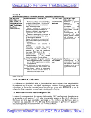 Register to Remove TrialPlan de Desarrollo Municipal 2008-2012
    Gobierno Municipal de Llallagua Watermark!!

     Cuadro: I8
     Municipio de Llallagua: Estrategias aspectos organizativo institucionales
 PILARES DE          ESTRATEGIAS MUNICIPALES                      PROGRAMAS       OBJETIVOS DE
 DESARROLLO                                                                       PROGRAMAS
 DESARROLLO            Priorizar la participación de las OTBs, y Fortalecimiento Fortalecer y generar
 ORGANIZATIVO           organizaciones sociales y comunitarias    Municipal       espacios            de
 INSTITUCIONAL          en el proceso de toma de decisiones                       concertación          y
 (Llallagua             sobre el desarrollo local                                 articulación        de
 democrática)          Mejorar y fortalecer los mecanismos de                    esfuerzos entre las
                            articulación y concertación entre el                  instituciones públicas,
                            Gobierno municipal y las instituciones                        privadas             y
                            organizadas de la sociedad civil                              organizaciones de la
                           Creación y fortaleciendo un Consejo de                        sociedad civil, para
                            Desarrollo de concertación con apoyo                          lograr mejores niveles
                            de la normativa existente                                     de eficiencia en la
                           Buscar el fortalecimiento y capacidad                         gestión municipal
                            del Gobierno Municipal con apoyo de
                            Prefectural
                           Implementación       del    sistema    de
                            catastro
                           Formular y ejecutar los planes
                            operativos anuales (POAs), en
                            sujeción al Plan de Desarrollo
                            Municipal (PDM 2008-2012)
                           Implementar      programas     de
                            fortalecimientos a los niveles
                            desconcentrados (Subalcaldías)
                         Mejorar la capacidad de gestión y control      Fortalecimiento   Fortalecer     a     las
                              social mediante acciones coordinadas      a la sociedad     organizaciones de la
                              con las OTBs, organizaciones sociales     civil             sociedad civil y comité
                              y comunitarias                                              de vigilancia, para que
                         Brindar asistencia técnica y capacitación a                      coadyuven en el control
                              las organizaciones de la sociedad civil                     y gestión municipal
                         Viabilizar cursos y talleres de capacitación
                              sobre el marco normativo básico de
                              participación y control social


    Fuente: ETMA 2007

    J. PROGRAMACION QUINQUENAL

    La programación quinquenal, tiene su fundamento en la concretización de las estrategias
    de desarrollo en el ámbito municipal, mediante un conjunto de acciones definidas que
    estructuran la demanda municipal para los próximos cinco años 2008-2012 y con la
    asignación de presupuesto necesario para su ejecución efectiva.

    J.1. Análisis situacional del presupuesto gestión 2007

    La ejecución presupuestaria de recursos de la gestión 2007, por fuente de financiamiento
    se presenta en el cuadro J1 , El total programado alcanza a Bs. 56.2 millones de
    Bolivianos en tanto que ejecutado o percibido es 47.4 millones de Bolivianos con un
    porcentaje de ejecución del 84%. El caso de los recursos de participación popular y
    recursos específicos muestran niveles por encima del 100%.



Register eDocPrinter PDF Pro Online Now!!
    ETMA – APEMIN II – PADEP/GTZ                                                                             178
 