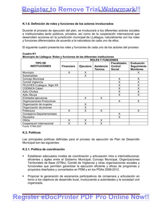 Register to Remove TrialPlan de Desarrollo Municipal 2008-2012
  Gobierno Municipal de Llallagua Watermark!!
  K.1.8. Definición de roles y funciones de los actores involucrados

  Durante el proceso de ejecución del plan, se involucrará a los diferentes actores sociales
  e institucionales tanto públicos, privados, así como de la cooperación internacional que
  desarrollan acciones en la jurisdicción municipal de LLallagua, naturalmente con los roles
  y funciones diferenciados de acuerdo a la naturaleza de cada uno de ellos.

  El siguiente cuadro presenta los roles y funciones de cada uno de los actores del proceso:

  Cuadro K1
  Municipio de Llallagua: Roles y funciones de las diferentes instituciones
                                                        ROLES Y FUNCIONES
             TIPO DE                                                     Fiscalizador,   Evaluación
         INSTITUCIONES           Financiera   Ejecutora Asistencia Control               Seguimiento
                                                           Técnica       Social          Monitoreo
  Municipio                           X            X                                          X
  Subalcaldias                                     X
  Concejo Municipal                                                            X              X
  Comité Vigilancia                                                            X              X
  FEJUVES LLallagua, Siglo XX                                                  X              X
  CODINCA Catavi                                                               X              X
  Ayllu Chullpa                                                                X              X
  Ayllu Sikuya                                                                 X              X
  Entidades ejecutoras                             X            X
  Organizaciones Productivas                                                   X              X
  Organización de mujeres                          X
  Organización de jóvenes                          X
  Prefectura                          X            X            X                             X
  Consejeros Departamentales                                                   X
  Diputados                                                                    X
  ONGs                                X            X            X
  Cooperación Internacional           X            X            X
  Fuente: ETMA 2007


  K.2. Políticas

  Las principales políticas definidas para el proceso de ejecución de Plan de Desarrollo
  Municipal son las siguientes:

  K.2.1. Política de coordinación

      Establecer adecuados niveles de coordinación y articulación intra e interinstitucional,
       eficientes y ágiles entre el Gobierno Municipal, Concejo Municipal, Organizaciones
       Territoriales de Base (OTBs), Comité de Vigilancia y otras organizaciones sociales y
       funcionales que permitan garantizar la ejecución eficiente y eficaz de programas y
       proyectos diseñados y concertados en PDM y en los POAs 2008-2012.

      Propiciar la generación de escenarios participativos de consensos y articulación en
       torno a los objetivos de desarrollo local, involucrando a autoridades y la sociedad civil
       organizada.




Register eDocPrinter PDF Pro Online Now!!
  ETMA – APEMIN II – PADEP/GTZ                                                               198
 
