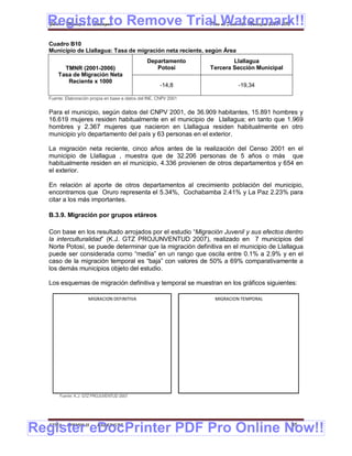 Register to Remove Trial Watermark!!
  Gobierno Municipal de Llallagua Plan de Desarrollo Municipal 2008-2012


  Cuadro B10
  Municipio de Llallagua: Tasa de migración neta reciente, según Área
                                                Departamento              Llallagua
        TMNR (2001-2006)                           Potosí         Tercera Sección Municipal
      Tasa de Migración Neta
         Reciente x 1000
                                                      -14,8                -19,34

  Fuente: Elaboración propia en base a datos del INE, CNPV 2001


  Para el municipio, según datos del CNPV 2001, de 36.909 habitantes, 15.891 hombres y
  16.619 mujeres residen habitualmente en el municipio de Llallagua; en tanto que 1.969
  hombres y 2.367 mujeres que nacieron en Llallagua residen habitualmente en otro
  municipio y/o departamento del país y 63 personas en el exterior.

  La migración neta reciente, cinco años antes de la realización del Censo 2001 en el
  municipio de Llallagua , muestra que de 32.206 personas de 5 años o más que
  habitualmente residen en el municipio, 4.336 provienen de otros departamentos y 654 en
  el exterior.

  En relación al aporte de otros departamentos al crecimiento población del municipio,
  encontramos que Oruro representa el 5.34%, Cochabamba 2.41% y La Paz 2.23% para
  citar a los más importantes.

  B.3.9. Migración por grupos etáreos

  Con base en los resultado arrojados por el estudio “Migración Juvenil y sus efectos dentro
  la interculturalidad” (K.J. GTZ PROJUNVENTUD 2007), realizado en 7 municipios del
  Norte Potosí, se puede determinar que la migración definitiva en el municipio de Llallagua
  puede ser considerada como “media” en un rango que oscila entre 0.1% a 2.9% y en el
  caso de la migración temporal es “baja” con valores de 50% a 69% comparativamente a
  los demás municipios objeto del estudio.

  Los esquemas de migración definitiva y temporal se muestran en los gráficos siguientes:

                    MIGRACION DEFINITIVA                           MIGRACION TEMPORAL




       Fuente: K.J. GTZ PROJUVENTUD 2007




Register eDocPrinter PDF Pro Online Now!!
  ETMA - APEMIN II -     PADEP/GTZ                                                            35
 