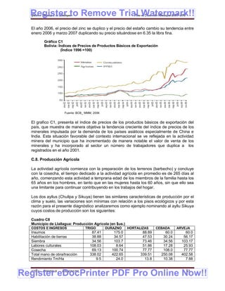 Register to Remove Trial Watermark!!
  Gobierno Municipal de Llallagua Plan de Desarrollo Municipal 2008-2012


  El año 2006, el precio del zinc se duplico y el precio del estaño cambio su tendencia entre
  enero 2006 y marzo 2007 duplicando su precio situándose en 6.35 la libra fina.

          Gráfico C1
          Bolivia: Índices de Precios de Productos Básicos de Exportación
                    (Índice 1996 =100)




                        Fuente: BCB_ MMM, 2006


  El grafico C1, presenta el índice de precios de los productos básicos de exportación del
  país, que muestra de manera objetiva la tendencia creciente del índice de precios de los
  minerales impulsada por la demanda de los países asiáticos especialmente de China e
  India. Esta situación favorable del contexto internacional se ve reflejada en la actividad
  minera del municipio que ha incrementado de manera notable el valor de venta de los
  minerales y ha incorporado al sector un número de trabajadores que duplica a los
  registrados en el año 2001.

  C.8. Producción Agrícola

  La actividad agrícola comienza con la preparación de los terrenos (barbecho) y concluye
  con la cosecha, el tiempo dedicado a la actividad agrícola en promedio es de 265 días al
  año, comenzando esta actividad a temprana edad de los miembros de la familia hasta los
  65 años en los hombres, en tanto que en las mujeres hasta los 60 años, sin que ello sea
  una limitante para continuar contribuyendo en los trabajos del hogar.

  Los dos ayllus (Chullpa y Sikuya) tienen las similares características de producción por el
  clima y suelo, las variaciones son mínimas con relación a los pisos ecológicos y por esta
  razón para el presente diagnóstico analizaremos como ejemplo nominando al ayllu Sikuya
  cuyos costos de producción son los siguientes:

  Cuadro C8
  Municipio de Llallagua: Producción Agrícola (en $us.)
  COSTOS E INGRESOS                  TRIGO       DURAZNO    HORTALIZAS     CEBADA     ARVEJA
  Insumos                                87.41      175.0          88.89       60.0       60.0
  Habilitación de tierras                38.88      34.57          47.53      30.24      56.17
  Siembra                                34.56      103.7          73.46      34.56     103.17
  Labores culturales                    108.03       8.64          51.86      17.28      25.93
  Cosecha                                69.13     100.74          77.77      108.0      77.77
  Total mano de obra/tracción           338.02     422.65         339.51     250.08     402.58
  Rendimiento Tm/Ha                        9.5       24.0           13.8      10.38       7.88



Register eDocPrinter PDF Pro Online Now!!
  ETMA - APEMIN II -   PADEP/GTZ                                                          53
 