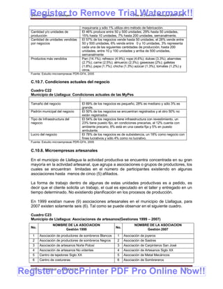 Register to Remove Trial Watermark!!
  Gobierno Municipal de Llallagua Plan de Desarrollo Municipal 2008-2012


                                    maquinaria y sólo 1% utiliza otro método de fabricación.
  Cantidad y/o unidades de          El 46% produce entre 50 y 500 unidades, 29% hasta 50 unidades,
  producción                        15% hasta 10 unidades, 7% hasta 200 unidades, semanalmente.
  Cantidad de unidades vendidas     El 57% de los negocios vende hasta 50 unidades, el 28% vende entre
  por negocios                      50 y 500 unidades, 6% vende entre 0 y 10 unidades, 3% representa
                                    cada una de las siguientes cantidades de producción, hasta 200
                                    unidades, entre 10 y 100 unidades y arriba de 500 unidades,
                                    semanalmente
  Productos más vendidos            Pan (14.1%); refresco (4.9%); ropa (4.6%); dulces (3.3%); abarrotes
                                    (2.7%); carne (2.5%); almuerzo (2.3%); gaseosas (2%); galletas
                                    (1.8%); papa (1.7%); chicha (1.3%) azúcar (1.3%); tomates (1.2%) y
                                    otros.
  Fuente: Estudio microempresas PDR-GFA, 2005

  C.10.7. Condiciones actuales del negocio

  Cuadro C22
  Municipio de Llallagua: Condiciones actuales de las MyPes

  Tamaño del negocio                El 69% de los negocios es pequeño, 28% es mediano y sólo 3% es
                                    grande.
  Padrón municipal del negocio      El 50% de los negocios se encuentran registrados y el otro 50% no
                                    están registrados
  Tipo de Infraestructura del       El 54% de los negocios tiene infraestructura con revestimiento, un
  negocio                           23% tiene puesto fijo, en condiciones precarias, el 12% cuenta con
                                    ambiente precario, 6% está en una caseta fija y 5% en puesto
                                    ambulante.
  Lucro del negocio                 El 78% de los negocios es de subsistencia, un 18% como negocio con
                                    fines lucrativos y sólo 4% como no lucrativo.
  Fuente: Estudio microempresas PDR-GFA, 2005


  C.10.8. Microempresas artesanales

  En el municipio de Llallagua la actividad productiva se encuentra concentrada en su gran
  mayoría en la actividad artesanal, que agrupa a asociaciones o grupos de productores, los
  cuales se encuentran limitadas en el número de participantes existiendo en algunas
  asociaciones hasta menos de cinco (5) afiliados.

  La forma de trabajo dentro de algunas de estas unidades productivas es a pedido, es
  decir que el cliente solicita un trabajo, el cual es ejecutado en el taller y entregado en un
  tiempo determinado. No existiendo planificación en los procesos de producción.

  En 1999 existían nueve (9) asociaciones artesanales en el municipio de Llallagua, para
  2007 existen solamente seis (6). Tal como se puede observar en el siguiente cuadro.

  Cuadro C23
  Municipio de Llallagua: Asociaciones de artesanos(Gestiones 1999 – 2007)
                 NOMBRE DE LA ASOCIACION                              NOMBRE DE LA ASOCIACION
  No.                                                     No.
                      Gestión 1999                                         Gestión 2007
   1    Asociación de productores de sombreros Blancos     1    Asociación de joyeros
   2    Asociación de productores de sombreros Negros      2    Asociación de Sastres
   3    Asociación de artesanos Norte Potosí               3    Asociación de Carpinteros San José
   4    Asociación de artesanos No videntes                4    Asociación de Artesanos Siglo XX
   5    Centro de tejedores Siglo XX                       5    Asociación de Metal Mecánicos
   6    Centro de costureras                               6    Asociación de Sombrereros


Register eDocPrinter PDF Pro Online Now!!
  ETMA - APEMIN II -   PADEP/GTZ                                                                          63
 