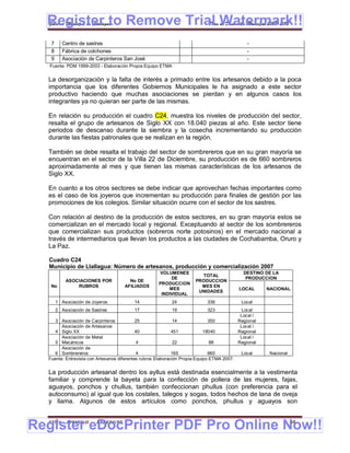 Register to Remove Trial Watermark!!
  Gobierno Municipal de Llallagua Plan de Desarrollo Municipal 2008-2012


   7     Centro de sastres                                                                      -
   8     Fábrica de colchones                                                                   -
   9     Asociación de Carpinteros San José                                                     -
   Fuente: PDM 1999-2003 - Elaboración Propia Equipo ETMA


  La desorganización y la falta de interés a primado entre los artesanos debido a la poca
  importancia que los diferentes Gobiernos Municipales le ha asignado a este sector
  productivo haciendo que muchas asociaciones se pierdan y en algunos casos los
  integrantes ya no quieran ser parte de las mismas.

  En relación su producción el cuadro C24, muestra los niveles de producción del sector,
  resalta el grupo de artesanos de Siglo XX con 18.040 piezas al año. Este sector tiene
  periodos de descanso durante la siembra y la cosecha incrementando su producción
  durante las fiestas patronales que se realizan en la región.

  También se debe resalta el trabajo del sector de sombrereros que en su gran mayoría se
  encuentran en el sector de la Villa 22 de Diciembre, su producción es de 660 sombreros
  aproximadamente al mes y que tienen las mismas características de los artesanos de
  Siglo XX.

  En cuanto a los otros sectores se debe indicar que aprovechan fechas importantes como
  es el caso de los joyeros que incrementan su producción para finales de gestión por las
  promociones de los colegios. Similar situación ocurre con el sector de los sastres.

  Con relación al destino de la producción de estos sectores, en su gran mayoría estos se
  comercializan en el mercado local y regional. Exceptuando al sector de los sombrereros
  que comercializan sus productos (sobreros norte potosinos) en el mercado nacional a
  través de intermediarios que llevan los productos a las ciudades de Cochabamba, Oruro y
  La Paz.

  Cuadro C24
  Municipio de Llallagua: Número de artesanos, producción y comercialización 2007
                                                     VOLUMENES                                DESTINO DE LA
                                                                         TOTAL
                                                          DE                                   PRODUCCION
           ASOCIACIONES POR            No DE                           PRODUCCION
                                                     PRODUCCION
   No          RUBROS                AFILIADOS                           MES EN
                                                         MES                                LOCAL      NACIONAL
                                                                        UNIDADES
                                                      INDIVIDUAL
       1 Asociación de Joyeros            14                24              336              Local
       2 Asociación de Sastres            17                19              323              Local
                                                                                             Local /
     3 Asociación de Carpinteros            25                14              350           Regional
        Asociación de Artesanos                                                              Local /
     4 Siglo XX                             40               451            18040           Regional
        Asociación de Metal                                                                  Local /
     5 Mecánicos                             4                22               88           Regional
        Asociación de
     6 Sombrereros                           4               165              660            Local      Nacional
  Fuente: Entrevista con Artesanos diferentes rubros Elaboración Propia Equipo ETMA 2007.


  La producción artesanal dentro los ayllus está destinada esencialmente a la vestimenta
  familiar y comprende la bayeta para la confección de pollera de las mujeres, fajas,
  aguayos, ponchos y chullus, también confeccionan phullus (con preferencia para el
  autoconsumo) al igual que los costales, talegos y sogas, todos hechos de lana de oveja
  y llama. Algunos de estos artículos como ponchos, phullus y aguayos son



Register eDocPrinter PDF Pro Online Now!!
  ETMA - APEMIN II -     PADEP/GTZ                                                                                 64
 