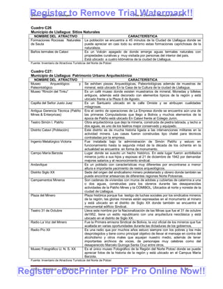 Register to Remove Trial Watermark!!
  Gobierno Municipal de Llallagua Plan de Desarrollo Municipal 2008-2012


  Cuadro C26
  Municipio de Llallagua: Sitios Naturales
    NOMBRE DEL ATRACTIVO                                                 CARACTERÍSTICA
  Formaciones Rocosas Naturales             La población se encuentra a 45 minutos de la Ciudad de Llallagua donde se
  de Sauta                                  puede apreciar en casi todo su entorno estas formaciones caprichosas de la
                                            naturaleza.
  Baños termales de Catavi                  Es un Volcán apagado de donde emerge aguas termales naturales con
                                            propiedades curativas y muy visitada por personas del interior del país.
                                            Está ubicado a cuatro kilómetros de la ciudad de Llallagua.
  Fuente: Inventario de Atractivos Turísticos del Norte de Potosí

  Cuadro C27:
  Municipio de Llallagua: Patrimonio Urbano Arquitectónico
    NOMBRE DEL ATRACTIVO                                                    CARACTERÍSTICA
  Museo        Arqueológico y               Se exhiben piezas Arqueológicas, Paleontológicas además de muestras de
  Paleontológico                            mineral, está ubicado En la Casa de la Cultura de la ciudad de Llallagua.
  Museo “Rincón del Tinku”                  Es un café museo donde existen muestrarios de mineral, Monedas y billetes
                                            antiguos, además está decorado con elementos típicos de la región y está
                                            ubicado frente a la Plaza 6 de Agosto.
  Capilla del Señor Justo Juez              Es un Santuario ubicado en la calle Omiste y se atribuyen cualidades
                                            milagrosas.
  Antigua Gerencia Técnica (Patiño          Era el centro de operaciones de La Empresa donde se encuentra aún una de
  Mines & Enterprices)                      las primeras Computadoras que llego a Bolivia y muchos elementos de la
                                            época de Patiño está ubicado En Catavi frente al Colegio Junín.
  Teatro Simón I. Patiño                    Obra arquitectónica que dejo la minería, construida de piedra labrada, y techo a
                                            dos aguas, es uno de los teatros mejor conservado y equipado.
  Distrito Catavi (Población)               Este distrito es de mucha historia ligada a las intervenciones militares en la
                                            actividad minera. Las casas fueron construidas tipo chalet para técnicos
                                            contratadas por la empresa.
  Ingenio Metalúrgico Victoria              Fue instalada bajo la administración de Simón Patiño y estuvo en
                                            funcionamiento hasta la segunda mitad de la década de los ochenta en la
                                            actualidad se encuentra en forma de monumento.
  Campo María Barzola                       Lugar donde se suscito un hecho histórico. En este lugar fueron acribillados
                                            mineros junto a sus hijos y esposas el 21 de diciembre de 1942 por demandar
                                            mejores salarios y el reconocimiento sindical.
  Andavilque                                Es un poblado con características muy diferentes por encontrarse a menor
                                            altura e importante yacimiento de restos arqueológicos.
  Distrito Siglo XX                         Sede del origen del sindicalismo minero proletariado y obrero donde también se
                                            puede encontrar artesanías de diferentes regiones Norte Potosinas.
  Campamentos Mineros                       Son cadenas de viviendas con muros de adobes y cubiertas de calamina a una
                                            o dos aguas, construidas para los obreros durante las desaparecidas
                                            actividades de la Patiño Mines y la COMIBOL, Ubicados al norte y noreste de la
                                            ciudad de Llallagua.
  Plaza del Minero                          Plaza histórica porque fue testigo de luchas sociales por los sindicatos mineros
                                            de la región, las glorias mineras están expresadas en el monumento al minero
                                            y está ubicado en el distrito de Siglo XX donde también se encuentra el
                                            monumental edificio Sindical.
  Teatro 31 de Octubre                      Lleva este nombre por la Nacionalización de las Minas que fue el 31 de octubre
                                            de1952, tiene un estilo republicano con una arquitectura neoclásica y está
                                            ubicado en el distrito de Siglo XX.
  Radio La Voz del Minero                   Fue la Primera emisora Sindical de Bolivia, la voz oficial de los mineros que fue
                                            acallada en varias oportunidades durante las dictaduras de los gobiernos.
  Radio Pío XII                             Es una radio que por muchos años estuvo siempre con los pobres y los más
                                            desprotegidos y tiene como principal objetivo de llevar el mensaje en contra del
                                            alcoholismo y otros males que aquejan nuestro medio, además de tener
                                            importantes archivos de voces, de personajes muy celebres como del
                                            desaparecido Marcelo Quiroga Santa Cruz entre otros.
  Museo Fotográfico U. N. S. XX             Es el único museo Fotográfico de la Región del Norte Potosí donde se puede
                                            apreciar fotos de la historia de la región y está ubicado en el Campus María
                                            Barzola.
  Fuente: Inventario de Atractivos Turísticos del Norte de Potosí



Register eDocPrinter PDF Pro Online Now!!
  ETMA - APEMIN II -     PADEP/GTZ                                                                               66
 