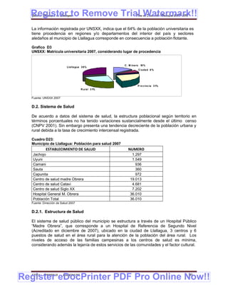 Register to Remove Trial Watermark!!
  Gobierno Municipal de Llallagua Plan de Desarrollo Municipal 2008-2012


  La información registrada por UNSXX, indica que el 64% de la población universitaria es
  tiene procedencia en regiones y/o departamentos del interior del país y sectores
  aledaños al municipio de Llallagua corresponde en consecuencia a población flotante.

  Grafico D3
  UNSXX: Matrícula universitaria 2007, considerando lugar de procedencia


                                                      C . M ine ro 18 %
                           Llalla gua 3 6%
                                                                 C iuda d 8 %




                                                                P ro v inc ia 31%
                                     R ura l 3 1%
  D.2 Sistema de Salud
  Fuente: UNSXX 2007


  D.2. Sistema de Salud

  De acuerdo a datos del sistema de salud, la estructura poblacional según territorio en
  términos porcentuales no ha tenido variaciones sustancialmente desde el último censo
  (CNPV 2001). Sin embargo presenta una tendencia decreciente de la población urbana y
  rural debida a la tasa de crecimiento intercensal registrada.

  Cuadro D23:
  Municipio de Llallagua: Población para salud 2007
            ESTABLECIMIENTO DE SALUD                    NUMERO
   Jachojo                                                 1.297
   Uyuni                                                   1.549
   Camani                                                    936
   Sauta                                                     360
   Capunita                                                  972
   Centro de salud madre Obrera                           19.013
   Centro de salud Catavi                                  4.681
   Centro de salud Siglo XX                                7.202
   Hospital General M. Obrera                             36.010
   Población Total                                        36.010
  Fuente: Dirección de Salud 2007


  D.2.1. Estructura de Salud

  El sistema de salud público del municipio se estructura a través de un Hospital Público
  “Madre Obrera”, que corresponde a un Hospital de Referencia de Segundo Nivel
  (Acreditado en diciembre de 2007), ubicado en la ciudad de Llallagua, 3 centros y 6
  puestos de salud en el área rural para la atención de la población del área rural. Los
  niveles de acceso de las familias campesinas a los centros de salud es mínima,
  considerando además la lejanía de estos servicios de las comunidades y el factor cultural.




Register eDocPrinter PDF Pro Online Now!!
  ETMA - APEMIN II -    PADEP/GTZ                                                      90
 