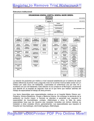 Register to Remove Trial Watermark!!
  Gobierno Municipal de Llallagua Plan de Desarrollo Municipal 2008-2012


  Estructura institucional

                                        ORGANIGRAMA GENERAL HOSPITAL GENERAL MADRE OBRERA
                                                                                       Dirección Local de
                                                                                        Salud (Llallagua)                                                                         NIVEL DE GESTION



                                                                                                                                                                                     NIVEL EJECUTIVO
                                                                                           DIRECCION

                                                                                                                       Secretaria

                                                                 Comite                                          Comité de Acreditacion
                                                          Técnico Administrativo

                                                         Comité de Investigación. Y                               Comité Bioseguridad                             NIVEL DE ASESORAMIENTO Y APOYO
                                                                Enseñanza

                                                                                                                        Comité de
                                                                                                                Vigilancia.Epidemiológica




                                                                                                                                                                                 NIVEL OPERATIVO


                                                                                                               Servicios de
         Servicios             Servicios            Servicios                 Servicios                                                   Servicios de               Servicios
                                                                                                               Diagnostico
        Ambulatorios          Quirurgicos       De Hospitalización            De Apoyo                                                     Enfermería              Administrativos
                                                                                                               Tratamiento



         Unidad de             Unidad de          Hospitalización            Unidad de                          Unidad de                  Enfermería
        Emergencias         Cirugía General        Neonatología                                             Laboratorio Clínico           Emergencias     Unidad de Personal
                                                                             Estadística
                                                                                                                                                              Unidad de
         Unidad de            Unidad de                                                                                              Enfermería Gineco-      Contabilidad
        Odontología         Anesteciología        Hospitalización            Unidad de                          Unidad de                Obstetricia
                                                Gineco - Obstetricia         Sistemas                            Rayos X                                      Unidad de
                                                                                                                                                            Recaudaciones
     Unidad de Medicina                                                                                                                 Enfermería
                               Unidad de
          General                                                                                                                     Medicina Interna    Unidad de Almacén
                               Quirófano         Hospitalización             Área Social                        Unidad de
                                                 Medicina Interna                                               Ecografía
                                                                                                                                                          Unidad de Activos
         Unidad de                                                                                                                          Enfermería
                                                                                                                                                                Fijos
       Traumatología           Unidad de                                                                                                     Pediatria
                           Terapia Intermedia     Hospitalización                                                                                             Unidad de
                                                                                                                   F.I.M                                    Informaciones
     Unidad de Gineco -                             Pediatría                                                                             Enfermería
                                                                                                                                        Traumatologia         Unidad de
         Obstetricia
                                                                                                                                                             Admisiones
                                                  Hospitalización                                                                                          Unidad de Salud
                                                                                                                                     Enfermería Terapia
     Unidad de Pediatría                          Traumatología                                                                                               Ambiental
                                                                                                                                          Intensiva
                                                                                                                 Farmacia
                                                                                                                                                          Unidad de S.U.M.I.
     Unidad de Medicina                           Hospitalización                                                                    Enfermería Resp.
          Interna                                    Cirugía                                                                             Vacunas          Unidad de servicios
                                                                                                                                                              Generales

     Unidad de Cirugía                                                                                                                     Enfermería
                                                                                                                                                                                     Mantenimiento
          general                                                                                                                         Neonatologia
                                                                                                                                                                                       Limpieza

                                                                                                                                     Enfermería Cirugia                               Transportes

                                                                                                                                                                                        Cocina

                                                                                                                                            Enfermería                                Lavandería
                                                                                                                                            Quirofano
                                                                                                                                                                                       Portería




  La relación de pacientes por médico a nivel nacional establecida por el sistema de salud
  público diferencia al primer nivel y segundo nivel. En el primer nivel se debe contar con un
  médico por cada cinco mil habitantes, Licenciadas en enfermería una por tres mil y
  auxiliares uno por mil habitantes. Esta relación no se cumple en el Municipio y el personal
  que atiende en el hospital de segundo nivel es el que tiene que realizar además del
  trabajo de especialidad el trabajo de área primaria.

  Los ítems disponibles para especialidades médicas en el hospital Madre Obrera son:
  Pediatría, Gineco-Obstetricia, Cirugía y Medicina Interna. Sin embargo la demanda de la
  población es mucho mayor, a menudo se atienden a pacientes que requieren la
  especialidad de traumatología, urología, oftalmología y otros; la falta de estos
  especialistas hace que los usuarios que necesitan consultas con dichos médicos se
  trasladen a otras ciudades (Oruro, generalmente). Las especialidades que requiere el
  Hospital son traumatología, otorrinolaringología, oftalmología.



Register eDocPrinter PDF Pro Online Now!!
  ETMA - APEMIN II -             PADEP/GTZ                                                                                                                                      96
 