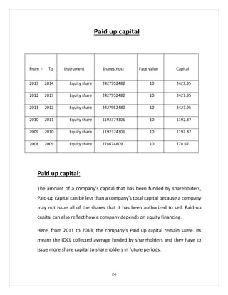 24
Paid up capital
Paid up capital:
The amount of a company's capital that has been funded by shareholders,
Paid-up capital can be less than a company's total capital because a company
may not issue all of the shares that it has been authorized to sell. Paid-up
capital can also reflect how a company depends on equity financing.
Here, from 2011 to 2013, the company’s Paid up capital remain same. Its
means the IOCL collected average funded by shareholders and they have to
issue more share capital to shareholders in future periods.
From - To Instrument Shares(nos) Face value Capital
2013 2014 Equity share 2427952482 10 2427.95
2012 2013 Equity share 2427952482 10 2427.95
2011 2012 Equity share 2427952482 10 2427.95
2010 2011 Equity share 1192374306 10 1192.37
2009 2010 Equity share 1192374306 10 1192.37
2008 2009 Equity share 778674809 10 778.67
 