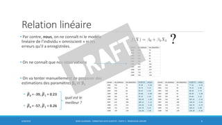 Relation linéaire
• Par contre, nous, on ne connaît ni le modèle
linéaire de l’individu « omniscient » ni les
erreurs qu’il a enregistrées.
• On ne connaît que nos observations
• On va tenter manuellement de proposer des
estimations des paramètres β0 et β1
• ෡𝜷0 = -39, ෡𝜷 𝟏 = 0.23
• ෡𝜷0 = -57, ෡𝜷 𝟏 = 0.26
6/30/2016 BORIS GUARISMA - FORMATION DATA SCIENTIST - PARTIE 5 - RÉGRESSION LINÉAIRE 6
quel est le
meilleur ?
 