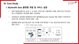 III. Case Study
19
1. MyHealth Data 플랫폼 개발 및 서비스 실증
• 과학기술정보통신부, 2019. 5. 16. 발표. (주관기관) 서울대학교 병원, (참여기관) 차의과대
학교 산학협력단, 메디블록, 웰트, 삼성화재
• 의료정보의 표준화와 블록체인기반의 플랫폼(MyHealth Data)을 개발, 병원간 의료데이터
(진료기록, 건강검진, 처방전) 열람ㆍ교류
• 플랫폼을 통해 임상시험 참여 가능 여부를 자동 확인할 수 있는 임상시험 참여조건 자동
매칭 서비스
19
 