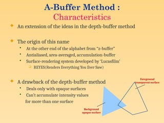 A-Buffer Method :
Characteristics
 An extension of the ideas in the depth-buffer method
 The origin of this name
• At the other end of the alphabet from “z-buffer”
• Antialiased, area-averaged, accumulation-buffer
• Surface-rendering system developed by ‘Lucasfilm’
 REYES(Renders Everything You Ever Saw)
 A drawback of the depth-buffer method
• Deals only with opaque surfaces
• Can’t accumulate intensity values
for more than one surface
Foreground
transparent surface
Background
opaque surface
 