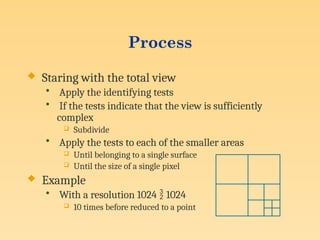 Process
 Staring with the total view
• Apply the identifying tests
• If the tests indicate that the view is sufficiently
complex
 Subdivide
• Apply the tests to each of the smaller areas
 Until belonging to a single surface
 Until the size of a single pixel
 Example
• With a resolution 1024  1024
 10 times before reduced to a point
 