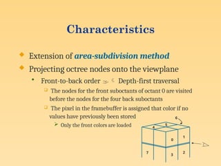 Characteristics
 Extension of area-subdivision method
 Projecting octree nodes onto the viewplane
• Front-to-back order  Depth-first traversal
 The nodes for the front suboctants of octant 0 are visited
before the nodes for the four back suboctants
 The pixel in the framebuffer is assigned that color if no
values have previously been stored
 Only the front colors are loaded
0
1
3
2
7
4
5
6
 