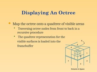 Displaying An Octree
 Map the octree onto a quadtree of visible areas
• Traversing octree nodes from front to back in a
recursive procedure
• The quadtree representation for the
visible surfaces is loaded into the
framebuffer
1
3
2
7
4
5
6
0
Octants in Space
 