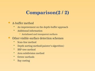 Comparison(2 / 2)
 A-buffer method
• An improvement on the depth-buffer approach
• Additional information
 Antialiased and transparent surfaces
 Other visible-surface detection schemes
• Scan-line method
• Depth-sorting method(painter’s algorithm)
• BSP-tree method
• Area subdivision method
• Octree methods
• Ray casting
 