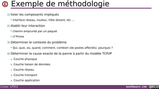Linux LPIC2 noelmace.com
Exemple de méthodologie
1) lister les composants impliqués
 interface réseau, routeur, hôte distant, etc ...
2) établir leur interaction
 chemin emprunté par un paquet
 cf Prime
3) Déterminer le contexte du problème
 Qui, quoi, où, quand, comment, combien (de postes affectés), pourquoi ?
4) Déterminer la cause exacte de la panne à partir du modèle TCP/IP
a. Couche physique
b. Couche liaison de données
c. Couche réseau
d. Couche transport
e. Couche application
•
 