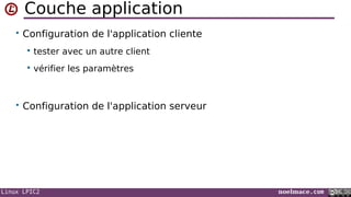 Linux LPIC2 noelmace.com
Couche application
• Configuration de l'application cliente
 tester avec un autre client
 vérifier les paramètres
• Configuration de l'application serveur
 
