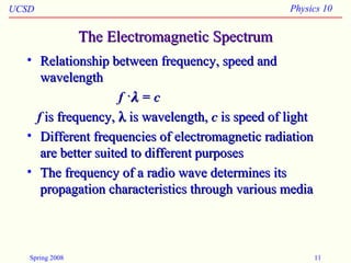 UCSD Physics 10
Spring 2008 11
The Electromagnetic SpectrumThe Electromagnetic Spectrum
• Relationship between frequency, speed andRelationship between frequency, speed and
wavelengthwavelength
ff ··λλ = c= c
ff is frequency,is frequency, λλ is wavelength,is wavelength, cc is speed of lightis speed of light
• Different frequencies of electromagnetic radiationDifferent frequencies of electromagnetic radiation
are better suited to different purposesare better suited to different purposes
• The frequency of a radio wave determines itsThe frequency of a radio wave determines its
propagation characteristics through various mediapropagation characteristics through various media
 