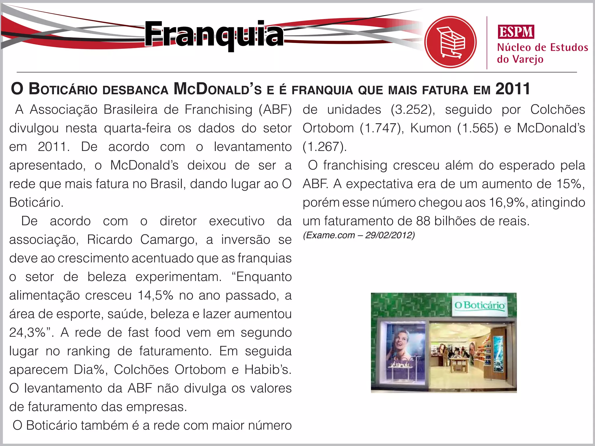 Franquia
O Boticário desbanca McDonald’s e é franquia que mais fatura em 2011
 A Associação Brasileira de Franchising (ABF)      de unidades (3.252), seguido por Colchões
divulgou nesta quarta-feira os dados do setor      Ortobom (1.747), Kumon (1.565) e McDonald’s
em 2011. De acordo com o levantamento              (1.267).
apresentado, o McDonald’s deixou de ser a           O franchising cresceu além do esperado pela
rede que mais fatura no Brasil, dando lugar ao O   ABF. A expectativa era de um aumento de 15%,
Boticário.                                         porém esse número chegou aos 16,9%, atingindo
   De acordo com o diretor executivo da            um faturamento de 88 bilhões de reais.
                                                   (Exame.com – 29/02/2012)
associação, Ricardo Camargo, a inversão se
deve ao crescimento acentuado que as franquias
o setor de beleza experimentam. “Enquanto
alimentação cresceu 14,5% no ano passado, a
área de esporte, saúde, beleza e lazer aumentou
24,3%”. A rede de fast food vem em segundo
lugar no ranking de faturamento. Em seguida
aparecem Dia%, Colchões Ortobom e Habib’s.
O levantamento da ABF não divulga os valores
de faturamento das empresas.
 O Boticário também é a rede com maior número
 