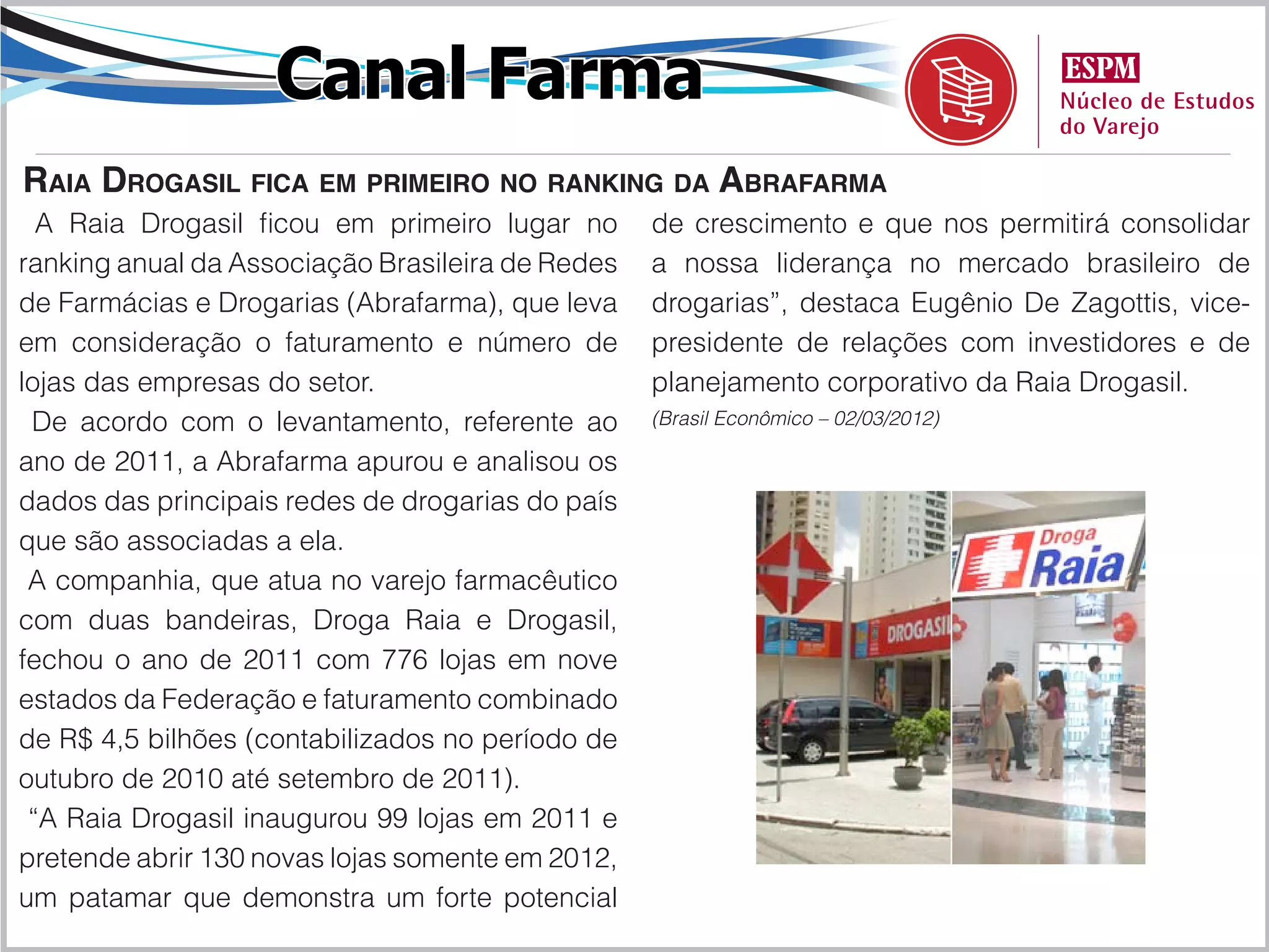 Canal Farma
Raia Drogasil fica em primeiro no ranking da Abrafarma
  A Raia Drogasil ficou em primeiro lugar no      de crescimento e que nos permitirá consolidar
ranking anual da Associação Brasileira de Redes   a nossa liderança no mercado brasileiro de
de Farmácias e Drogarias (Abrafarma), que leva    drogarias”, destaca Eugênio De Zagottis, vice-
em consideração o faturamento e número de         presidente de relações com investidores e de
lojas das empresas do setor.                      planejamento corporativo da Raia Drogasil.
 De acordo com o levantamento, referente ao       (Brasil Econômico – 02/03/2012)

ano de 2011, a Abrafarma apurou e analisou os
dados das principais redes de drogarias do país
que são associadas a ela.
 A companhia, que atua no varejo farmacêutico
com duas bandeiras, Droga Raia e Drogasil,
fechou o ano de 2011 com 776 lojas em nove
estados da Federação e faturamento combinado
de R$ 4,5 bilhões (contabilizados no período de
outubro de 2010 até setembro de 2011).
 “A Raia Drogasil inaugurou 99 lojas em 2011 e
pretende abrir 130 novas lojas somente em 2012,
um patamar que demonstra um forte potencial
 