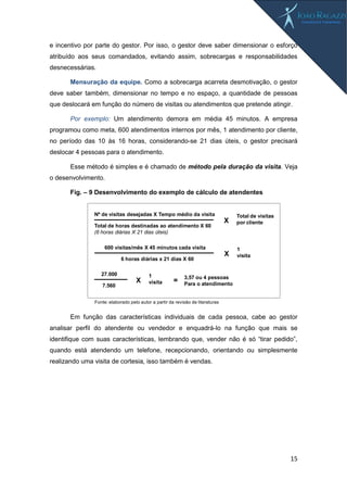 15
e incentivo por parte do gestor. Por isso, o gestor deve saber dimensionar o esforço
atribuído aos seus comandados, evitando assim, sobrecargas e responsabilidades
desnecessárias.
Mensuração da equipe. Como a sobrecarga acarreta desmotivação, o gestor
deve saber também, dimensionar no tempo e no espaço, a quantidade de pessoas
que deslocará em função do número de visitas ou atendimentos que pretende atingir.
Por exemplo: Um atendimento demora em média 45 minutos. A empresa
programou como meta, 600 atendimentos internos por mês, 1 atendimento por cliente,
no período das 10 às 16 horas, considerando-se 21 dias úteis, o gestor precisará
deslocar 4 pessoas para o atendimento.
Esse método é simples e é chamado de método pela duração da visita. Veja
o desenvolvimento.
Fig. – 9 Desenvolvimento do exemplo de cálculo de atendentes
Em função das características individuais de cada pessoa, cabe ao gestor
analisar perfil do atendente ou vendedor e enquadrá-lo na função que mais se
identifique com suas características, lembrando que, vender não é só “tirar pedido”,
quando está atendendo um telefone, recepcionando, orientando ou simplesmente
realizando uma visita de cortesia, isso também é vendas.
Nº de visitas desejadas X Tempo médio da visita
Total de horas destinadas ao atendimento X 60
(6 horas diárias X 21 dias úteis)
Total de visitas
por cliente
X
600 visitas/mês X 45 minutos cada visita
6 horas diárias x 21 dias X 60
1
visita
X
27.000
7.560
1
visita
X = 3,57 ou 4 pessoas
Para o atendimento
Fonte: elaborado pelo autor a partir da revisão de literaturas
 