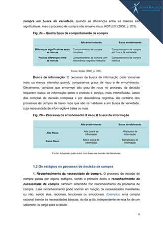 4
compra em busca de variedade, quando as diferenças entre as marcas são
significativas, mas o processo de compra não envolve risco. KOTLER (2000, p. 201).
Fig. 2a – Quatro tipos de comportamento de compra
Fonte: Kotler (2000, p. 201).
Busca de informação. O processo de busca de informação pode tornar-se
mais ou menos intensivo quando comparamos graus de risco e de envolvimento.
Geralmente, compras que envolvem alto grau de risco no processo de decisão
requerem busca de informação sobre o produto e serviço, mais intensificada, casos
das compras de decisão complexa e por dissonância cognitiva. Ao contrário dos
processos de compra de baixo risco que são os habituais e em busca de variedade,
cuja necessidade de informação é baixa ou nula.
Fig. 2b – Processo de envolvimento X risco X busca de informação
Fonte: Adaptado pelo autor com base na revisão de literaturas
1.2 Os estágios no processo de decisão de compra
1. Reconhecimento da necessidade de compra. O processo de decisão de
compra passa por alguns estágios, sendo o primeiro deles o reconhecimento da
necessidade de compra, também entendido por reconhecimento do problema de
compra. Esse reconhecimento pode ocorrer em função de necessidades manifestas
ou não, sendo elas, racionais, funcionais ou emocionais. Exemplos: uma compra
racional atende às necessidades básicas, do dia a dia, independente se esta for de um
sabonete ou carga para o celular.
Comportamento de compra
complexo
Comportamento de compra com
dissonância cognitiva reduzida
Diferenças significativas entre
as marcas
Poucas diferenças entre
as marcas
Comportamento de compra
em busca de variedade
Comportamento de compra
habitual
Alto envolvimento Baixo envolvimento
Alta busca de
informação
Baixa busca de
informação
Alto Risco
Baixo Risco
Alta busca de
informação
Baixa busca de
informação
Alto envolvimento Baixo envolvimento
 