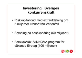 Investering i Sveriges
          konkurrenskraft

? Riskkapitalfond med extrautdelning om
  5 miljarder kronor fr?n Vattenfall

? Satsning p? bes?ksn?ring (50 miljoner)

? Forska&V?x: VINNOVA-program f?r
  v?xande f?retag (100 miljoner)
 