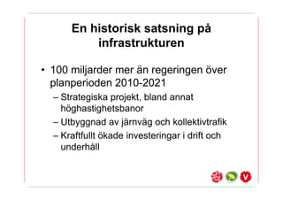 En historisk satsning p?
          infrastrukturen

? 100 miljarder mer ?n regeringen ?ver
  planperioden 2010-2021
  C Strategiska projekt, bland annat
    h?ghastighetsbanor
  C Utbyggnad av j?rnv?g och kollektivtrafik
  C Kraftfullt ?kade investeringar i drift och
    underh?ll
 