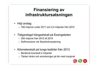 Finansiering av
         infrastruktursatsningen
? H?jt anslag
   C 760 miljoner under 2011 och 2,4 miljarder fr?n 2012


? Tidigarelagd tr?ngselskatt p? Essingeleden
   C 250 miljoner fr?n 2012 till 2019
   C Delfinansierar v?r Stockholmssatsning


? Kilometerskatt p? tunga lastbilar fr?n 2013
   C Ber?knat ?verskott 4 miljarder
   C T?cker r?ntor och amorteringar p? l?n med marginal
 