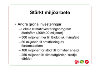 St?rkt milj?arbete

? Andra gr?na investeringar
  C Lokala klimatinvesteringsprogram
    ?terinf?rs (200/400 miljoner)
  C 500 miljoner mer till Biologisk m?ngfald
  C 50 miljoner till omst?llning av
    fordonsparken
  C 100 miljoner f?r st?d till f?rnybar energi
  C 250 miljoner till klimat?tg?rder i tredje
    v?rlden
 