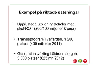 Exempel p? riktade satsningar

? Upprustade utbildningslokaler med
  skol-ROT (200/400 miljoner kronor)

? Traineeprogram i v?lf?rden, 1 200
  platser (400 miljoner 2011)

? Generationsv?xling i ?ldreomsorgen,
  3 000 platser (625 mn 2012)
 