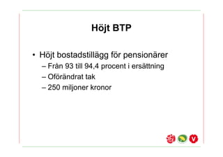 H?jt BTP

? H?jt bostadstill?gg f?r pension?rer
  C Fr?n 93 till 94,4 procent i ers?ttning
  C Of?r?ndrat tak
  C 250 miljoner kronor
 