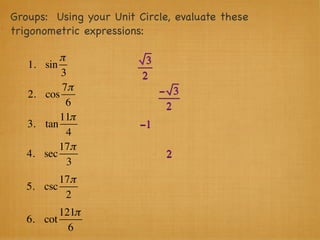Groups: Using your Unit Circle, evaluate these
trigonometric expressions:

            π             3
   1.   sin
            3            2
             7π               − 3
   2.   cos
              6                2
            11π
   3.   tan              −1
              4
            17π
   4.   sec                    2
              3
          17π
   5. csc
           2
          121π
   6. cot
            6
 