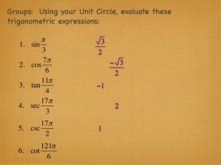 Groups: Using your Unit Circle, evaluate these
trigonometric expressions:

            π             3
   1.   sin
            3            2
             7π               − 3
   2.   cos
              6                2
            11π
   3.   tan              −1
              4
            17π
   4.   sec                    2
              3
          17π
   5. csc                1
           2
          121π
   6. cot
            6
 