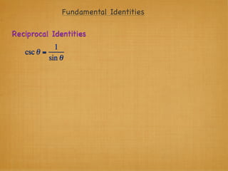 Fundamental Identities

Reciprocal Identities
             1
   csc θ =
           sin θ
 
