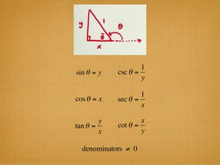 1
sin θ = y   csc θ =
                    y

                    1
cos θ = x   sec θ =
                    x

        y           x
tan θ =     cot θ =
        x           y

  denominators ≠ 0
 