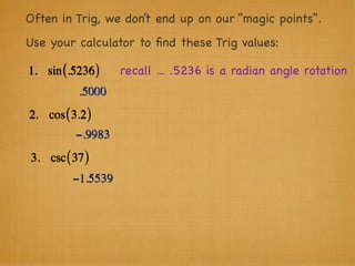Often in Trig, we don’t end up on our “magic points”.
Use your calculator to ﬁnd these Trig values:

1. sin (.5236 )    recall ... .5236 is a radian angle rotation
           .5000
2. cos ( 3.2 )
          −.9983
3. csc ( 37 )
         −1.5539
 