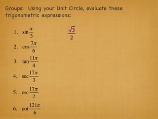 Groups: Using your Unit Circle, evaluate these
trigonometric expressions:

            π             3
   1.   sin
            3            2
             7π
   2.   cos
              6
            11π
   3.   tan
              4
            17π
   4.   sec
              3
          17π
   5. csc
           2
          121π
   6. cot
            6
 