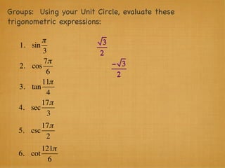 Groups: Using your Unit Circle, evaluate these
trigonometric expressions:

            π             3
   1.   sin
            3            2
             7π               − 3
   2.   cos
              6                2
            11π
   3.   tan
              4
            17π
   4.   sec
              3
          17π
   5. csc
           2
          121π
   6. cot
            6
 