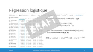 Régression logistique
fit.glm <- glm(formula = class ~ ., family = binomial(link="logit"), data = df.train)
6/30/2016 BORIS GUARISMA - FORMATION DATA SCIENTIST - RÉGRESSION LOGISTIQUE 12
𝜋 = 𝑃 𝑌 = 𝑇𝑅𝑈𝐸 𝑋)
1 - 𝜋 = 𝑃 𝑌 = 𝐹𝐴𝐿𝑆𝐸 𝑋)
pour une observation 𝜔 la probabilité P[Y(𝜔)|X(𝜔)]
suit une loi binomiale 𝓑(𝟏, 𝝅)
Comment sont calculés les coefficients ? (1/4)
 
