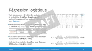 Régression logistique
• Soit les données « Credit ». On souhaite prédire
la probabilité de défaut de paiement (Y=1)
sachant les valeurs d’une variable explicative X1
ou « Balance »
• On suppose que l’on a construit le modèle avec
la fonction R glm(), d’où les résultats suivants
• Calculer la probabilité de défaut pour Balance=
1000 dollars: P(Y=1|X1=1000)
• Calculer la probabilité de défaut pour Balance=
2000 dollars: P(Y=1|X1=2000)
6/30/2016 BORIS GUARISMA - FORMATION DATA SCIENTIST - RÉGRESSION LOGISTIQUE 6
 