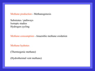 Methane production - Methanogenesis
Substrates / pathways
Isotopic studies
Hydrogen cycling
Methane consumption - Anaerobi...