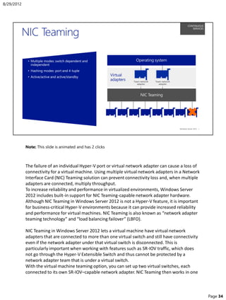 Note: This slide is animated and has 2 clicks
The failure of an individual Hyper-V port or virtual network adapter can cause a loss of
connectivity for a virtual machine. Using multiple virtual network adapters in a Network
Interface Card (NIC) Teaming solution can prevent connectivity loss and, when multiple
adapters are connected, multiply throughput.
To increase reliability and performance in virtualized environments, Windows Server
2012 includes built-in support for NIC Teaming-capable network adapter hardware.
Although NIC Teaming in Windows Server 2012 is not a Hyper-V feature, it is important
for business-critical Hyper-V environments because it can provide increased reliability
and performance for virtual machines. NIC Teaming is also known as “network adapter
teaming technology” and “load balancing failover” (LBFO).
NIC Teaming in Windows Server 2012 lets a virtual machine have virtual network
adapters that are connected to more than one virtual switch and still have connectivity
even if the network adapter under that virtual switch is disconnected. This is
particularly important when working with features such as SR-IOV traffic, which does
not go through the Hyper-V Extensible Switch and thus cannot be protected by a
network adapter team that is under a virtual switch.
With the virtual machine teaming option, you can set up two virtual switches, each
connected to its own SR-IOV–capable network adapter. NIC Teaming then works in one
8/29/2012
Page 34
 