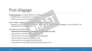 Post-élagage
• Problématique: on peut obtenir un arbre très complexe,
• problème de surajustement (overfitting)
• performance pauvre en généralisation
• Idée: élaguer après la construction de l’arbre entier,
• éliminer en remontant les sous-arbres, optimisant un certain critère d’élagage en vue d’améliorer les
performances en généralisation.
• Nombreuses méthodes.
• Minimal Cost-Complexity Pruning (MCCP) (Breiman et al.,84)
• Reduced Error Pruning (REP) (Quinlan,87,93)
• Minimum Error Pruning (MEP) (Niblett & Bratko,86)
• Critical Value Pruning (CVP) (Mingers,87)
• Pessimistic Error Pruning (PEP) (Quinlan,87)
• Error-Based Pruning (EBP) (Quinlan,93) (utilisé dans C4.5)
30/06/2016 BORIS GUARISMA - FORMATION DATA SCIENTIST - FORÊT D'ARBRES DÉCISIONNELS 18
 