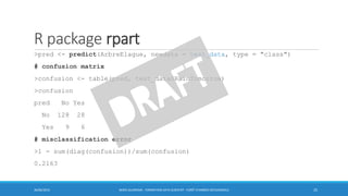 R package rpart
>pred <- predict(ArbreElague, newdata = test_data, type = "class")
# confusion matrix
>confusion <- table(pred, test_data$RainTomorrow)
>confusion
pred No Yes
No 128 28
Yes 9 6
# misclassification error
>1 - sum(diag(confusion))/sum(confusion)
0.2163
30/06/2016 BORIS GUARISMA - FORMATION DATA SCIENTIST - FORÊT D'ARBRES DÉCISIONNELS 25
 