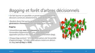 Bagging et forêt d’arbres décisionnels
• On fait tourner en parallèle un grand nombre d’arbres de
décisions construits aléatoirement, avant de les moyenner.
• Random forest fait partie de la famille d’algorithmes
générateurs d’ensembles tels que bagging et boosting.
Bagging
• Echantillonnage avec remplacement (boostrap) de
l’ensemble d’apprentissage; une observation peut
apparaître plusieurs fois dans un même échantillon (bag).
• Chaque bag contient ~2/3 des observations de l’ensemble
d’apprentissage; ~1/3 des observations restera en dehors
du bag (out-of-bag ou OOB)
30/06/2016 BORIS GUARISMA - FORMATION DATA SCIENTIST - FORÊT D'ARBRES DÉCISIONNELS 27
 