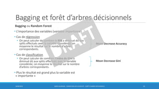 Bagging et forêt d’arbres décisionnels
Bagging ou Random Forest
• L’importance des variables (variable importance)
• Cas de régression
• On peut calculer de combien le RSS a diminué dû aux
splits effectués avec la variable considérée; on
moyenne le résultat sur le nombre d’arbres
correspondants.
• Cas de classification
• On peut calculer de combien l’index de Gini à
diminué dû aux splits effectués avec la variable
considérée; on moyenne le résultat sur le nombre
d’arbres correspondants.
• Plus le résultat est grand plus la variable est
« importante »
30/06/2016 BORIS GUARISMA - FORMATION DATA SCIENTIST - FORÊT D'ARBRES DÉCISIONNELS 31
Mean Decrease Accuracy
Mean Decrease Gini
 