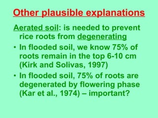 Other plausible explanations <ul><li>Aerated soil : is needed to prevent rice roots from  degenerating   </li></ul><ul><li...
